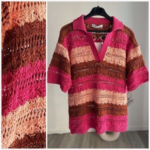 Zara Oversized Striped Knit Polo Sweater New